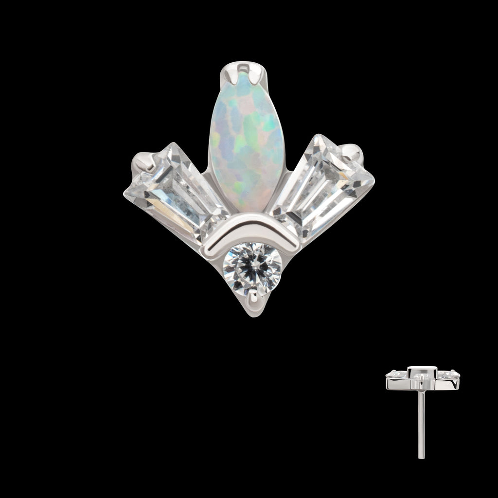 Triple Cluster with Prong Set Round Opal & Baguette CZ Gem Flatback Stud Earring / Nosering - CZ & Opal in Platinum PVD Titanium