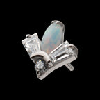 Triple Cluster with Prong Set Round Opal & Baguette CZ Gem Flatback Stud Earring / Nosering - CZ & Opal in Platinum PVD Titanium