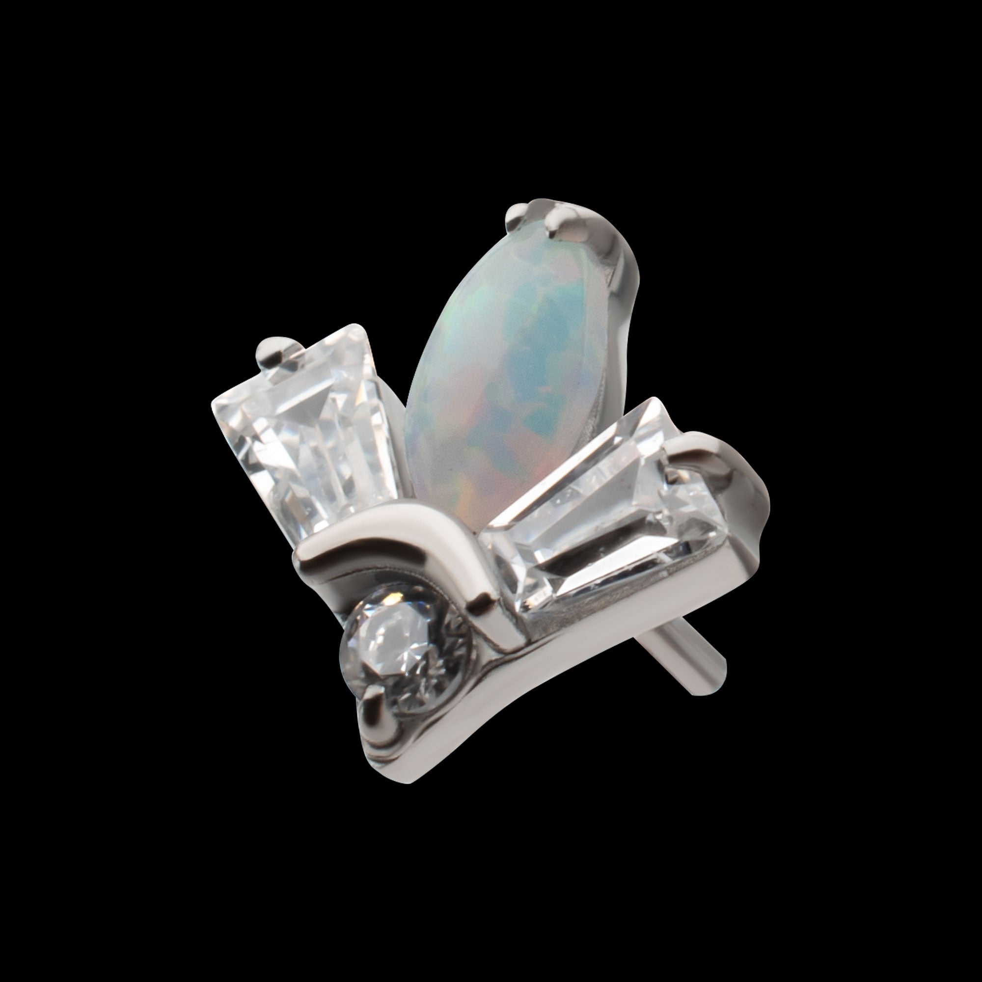 Triple Cluster with Prong Set Round Opal & Baguette CZ Gem Flatback Stud Earring / Nosering - CZ & Opal in Platinum PVD Titanium
