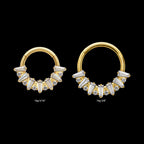 Baguette Crown Prong-Set Gem Cluster Front-Facing Hinged Segment Clicker Hoop Earring / Nosering – 24Kt Gold PVD Titanium.