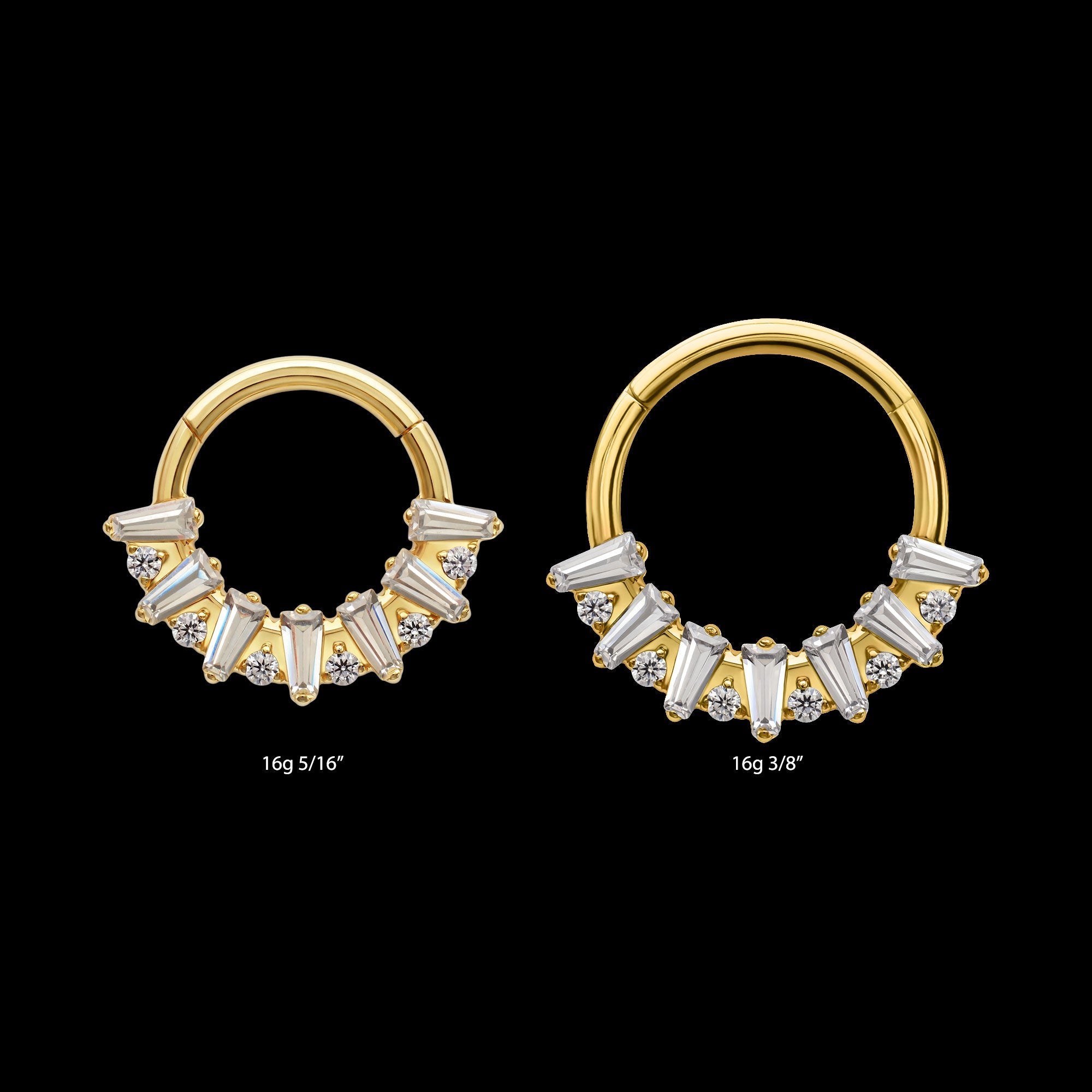 Baguette Crown Prong-Set Gem Cluster Front-Facing Hinged Segment Clicker Hoop Earring / Nosering – 24Kt Gold PVD Titanium.