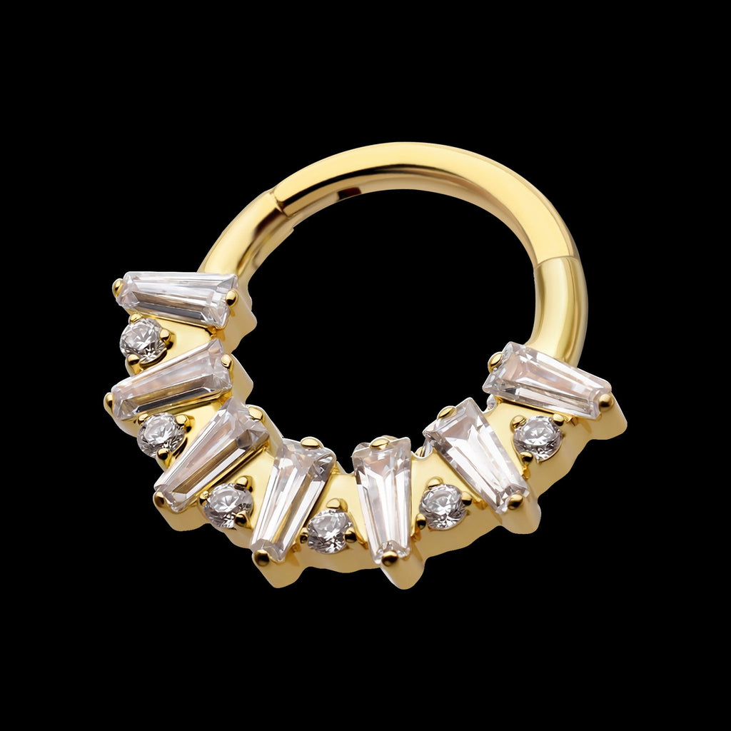 Baguette Crown Prong-Set Gem Cluster Front-Facing Hinged Segment Clicker Hoop Earring / Nosering – 24Kt Gold PVD Titanium.