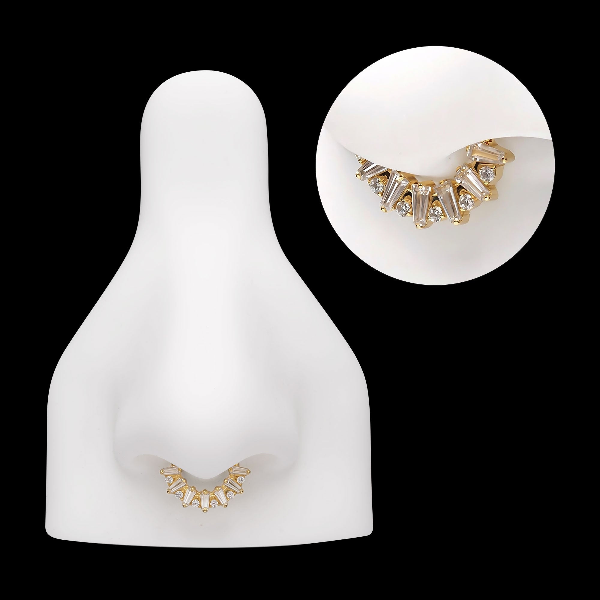 Baguette Crown Prong-Set Gem Cluster Front-Facing Hinged Segment Clicker Hoop Earring / Nosering – 24Kt Gold PVD Titanium.