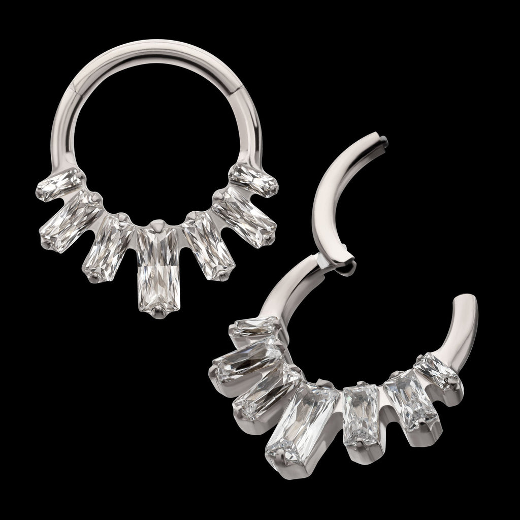 7-Baguette Prong-Set Gem Fan Cluster Front-Facing Hinged Segment Clicker Hoop Earring / Nosering – Titanium