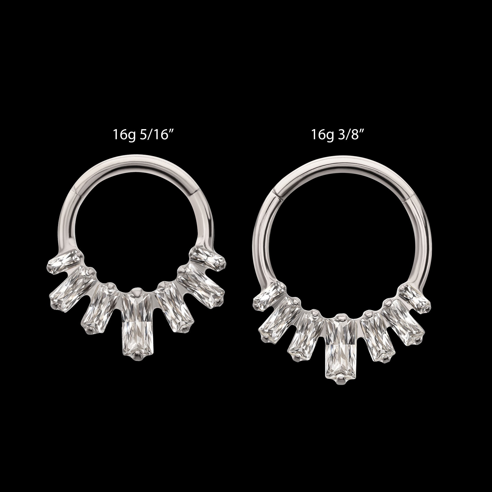 7-Baguette Prong-Set Gem Fan Cluster Front-Facing Hinged Segment Clicker Hoop Earring / Nosering – Titanium