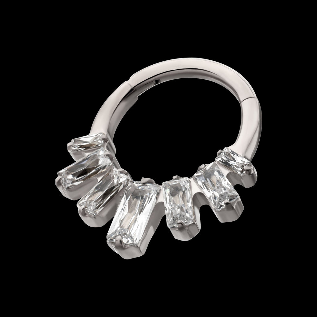 7-Baguette Prong-Set Gem Fan Cluster Front-Facing Hinged Segment Clicker Hoop Earring / Nosering – Titanium