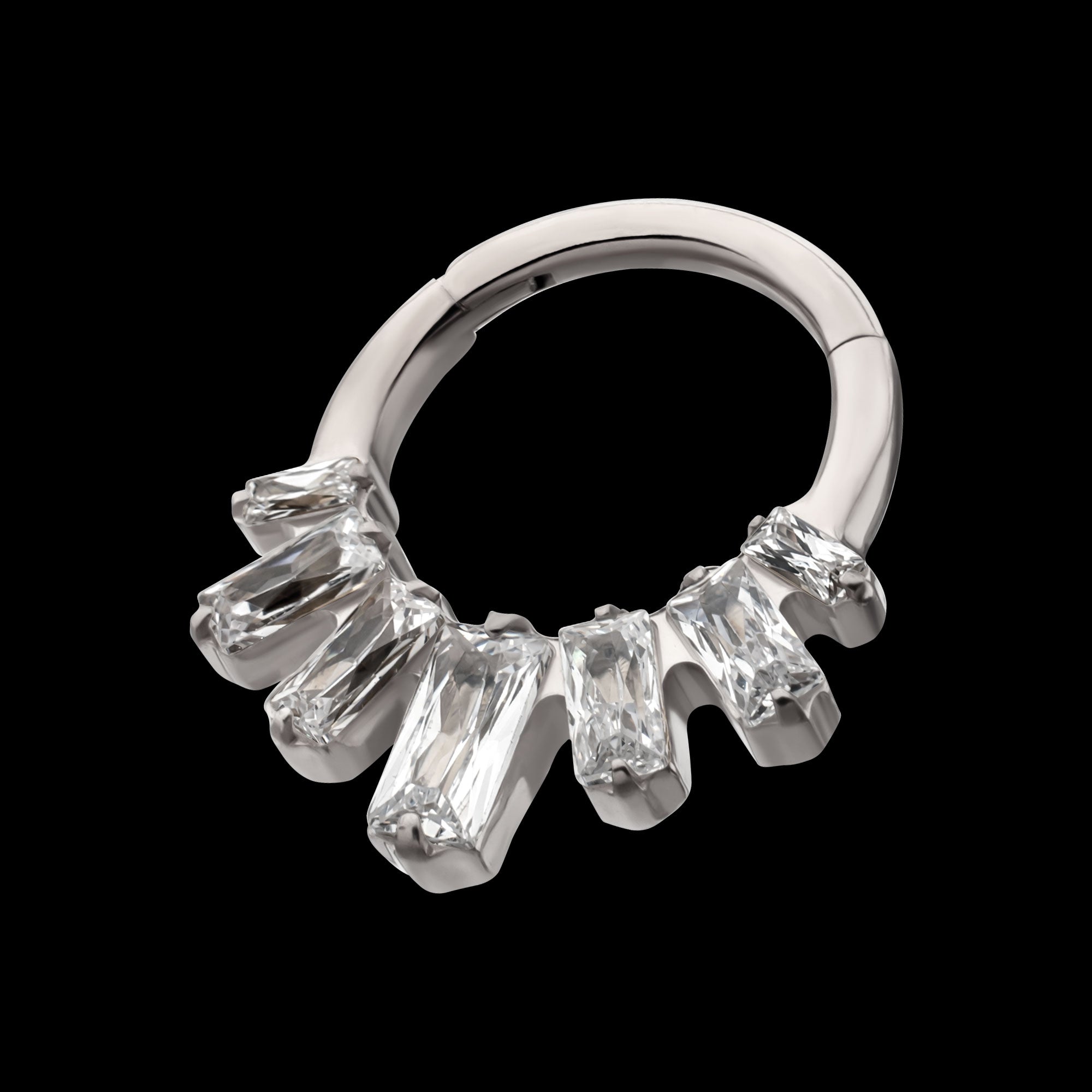 7-Baguette Prong-Set Gem Fan Cluster Front-Facing Hinged Segment Clicker Hoop Earring / Nosering – Titanium