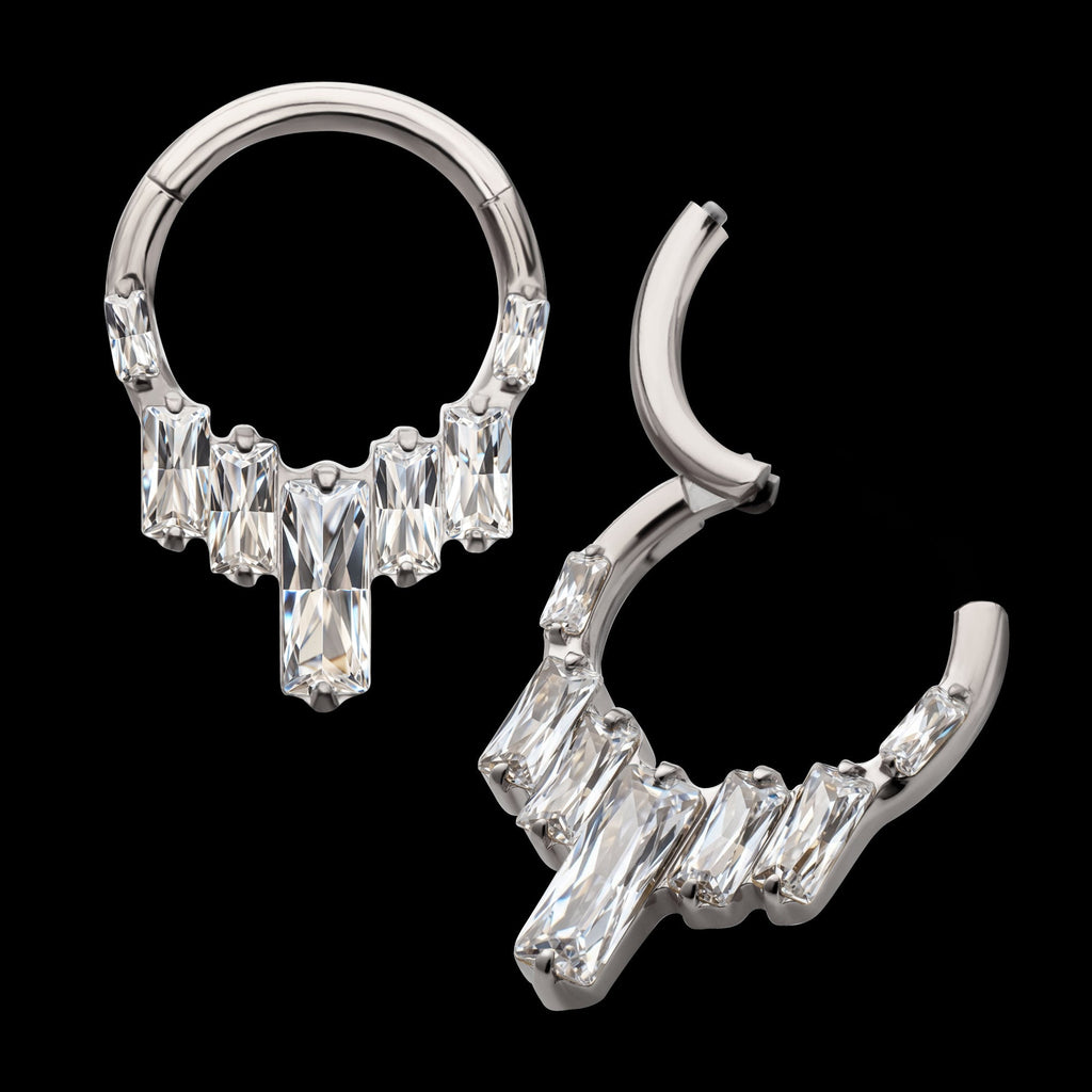 7-Baguette Prong-Set Gem Cluster Front-Facing Hinged Segment Clicker Hoop Earring / Nosering – Titanium