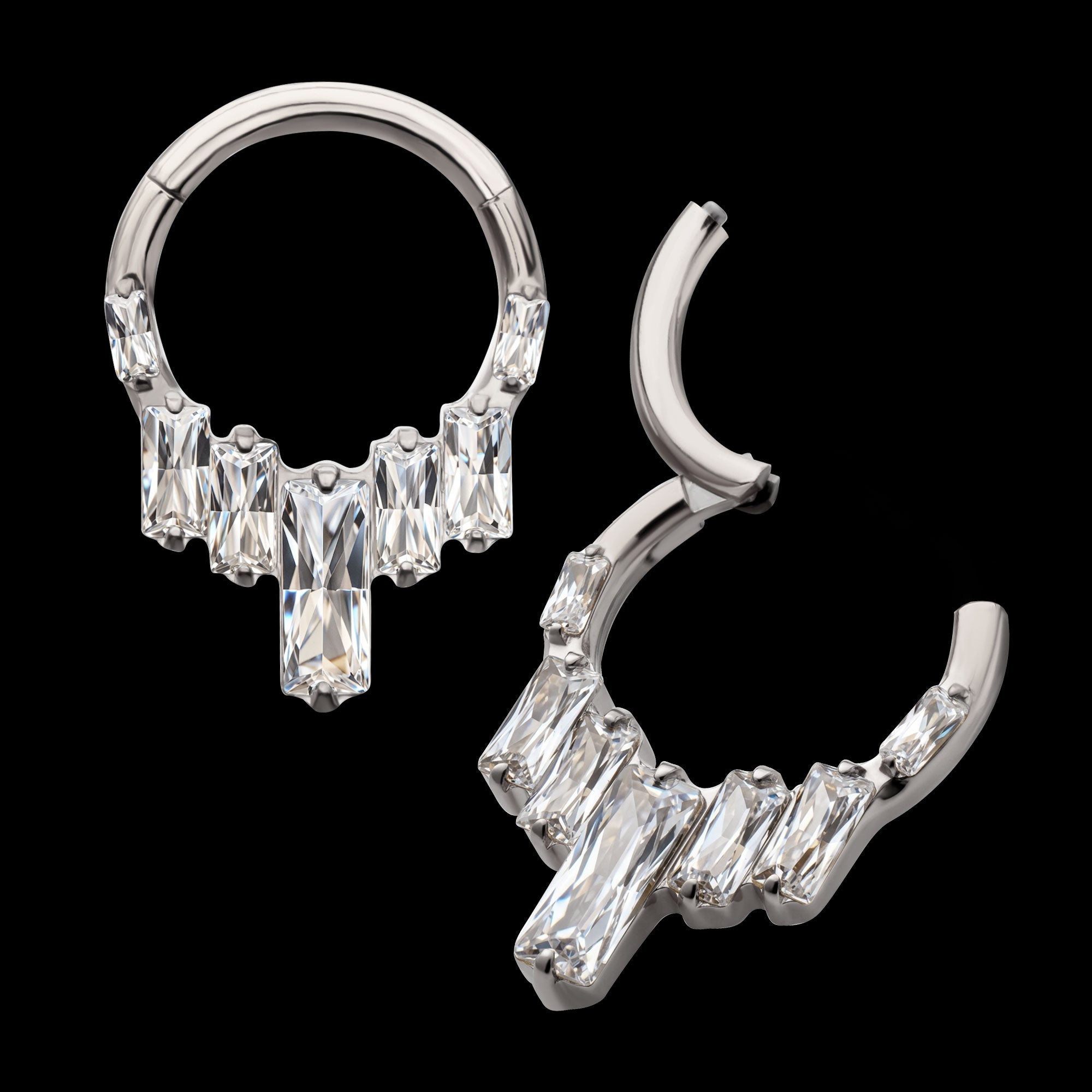 7-Baguette Prong-Set Gem Cluster Front-Facing Hinged Segment Clicker Hoop Earring / Nosering – Titanium