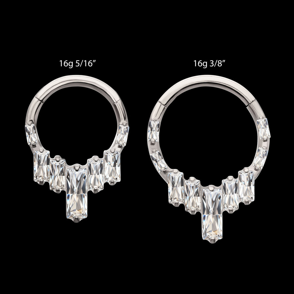 7-Baguette Prong-Set Gem Cluster Front-Facing Hinged Segment Clicker Hoop Earring / Nosering – Titanium