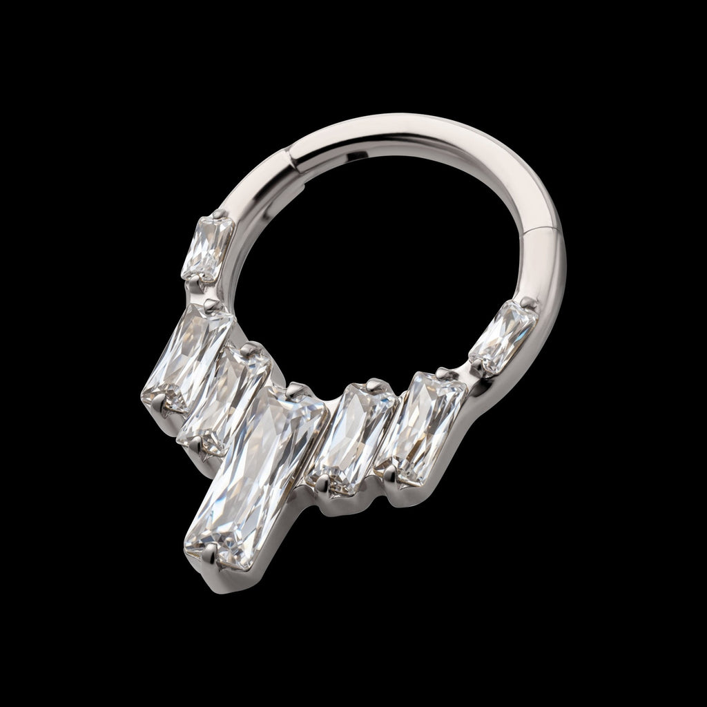 7-Baguette Prong-Set Gem Cluster Front-Facing Hinged Segment Clicker Hoop Earring / Nosering – Titanium