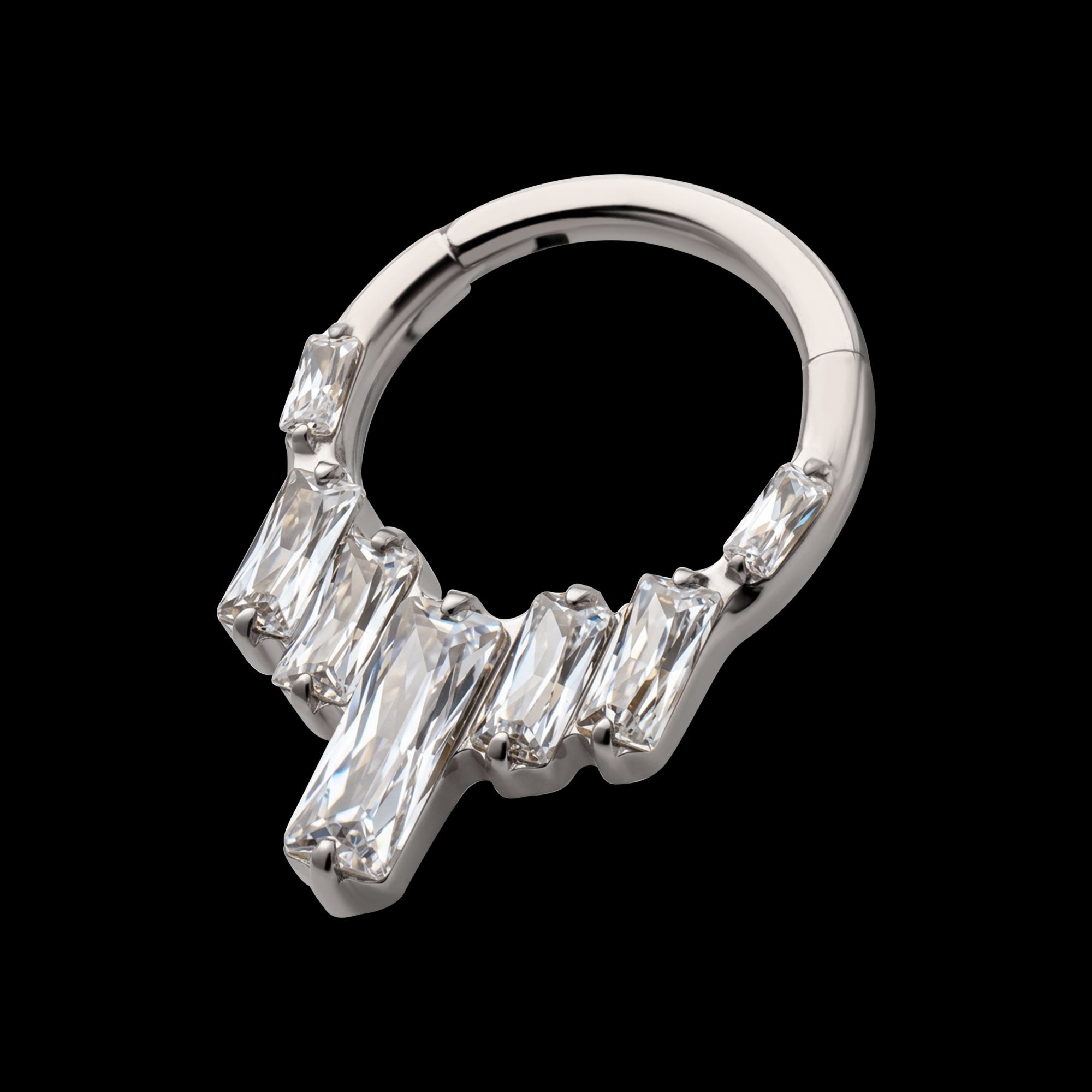 7-Baguette Prong-Set Gem Cluster Front-Facing Hinged Segment Clicker Hoop Earring / Nosering – Titanium