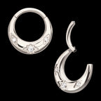 Triple Etched Design with Prong Set Gem Sleek Dome Septum Front Facing Hinged Segment Clicker Hoop Earring / Nosering – Titanium