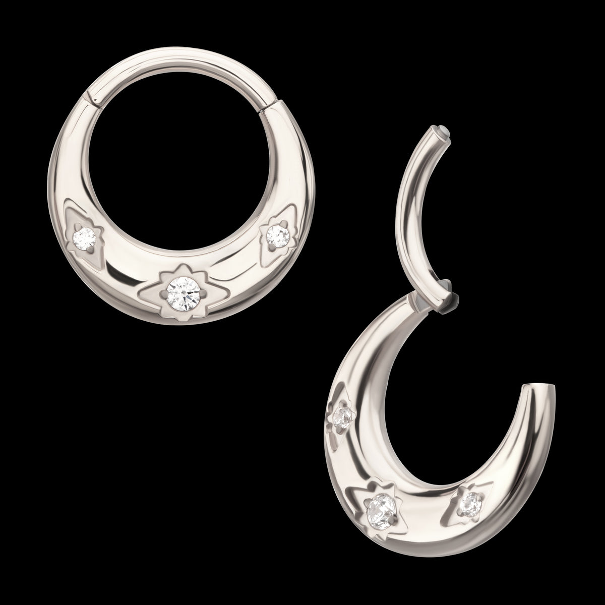 Triple Etched Design with Prong Set Gem Sleek Dome Septum Front Facing Hinged Segment Clicker Hoop Earring / Nosering – Titanium