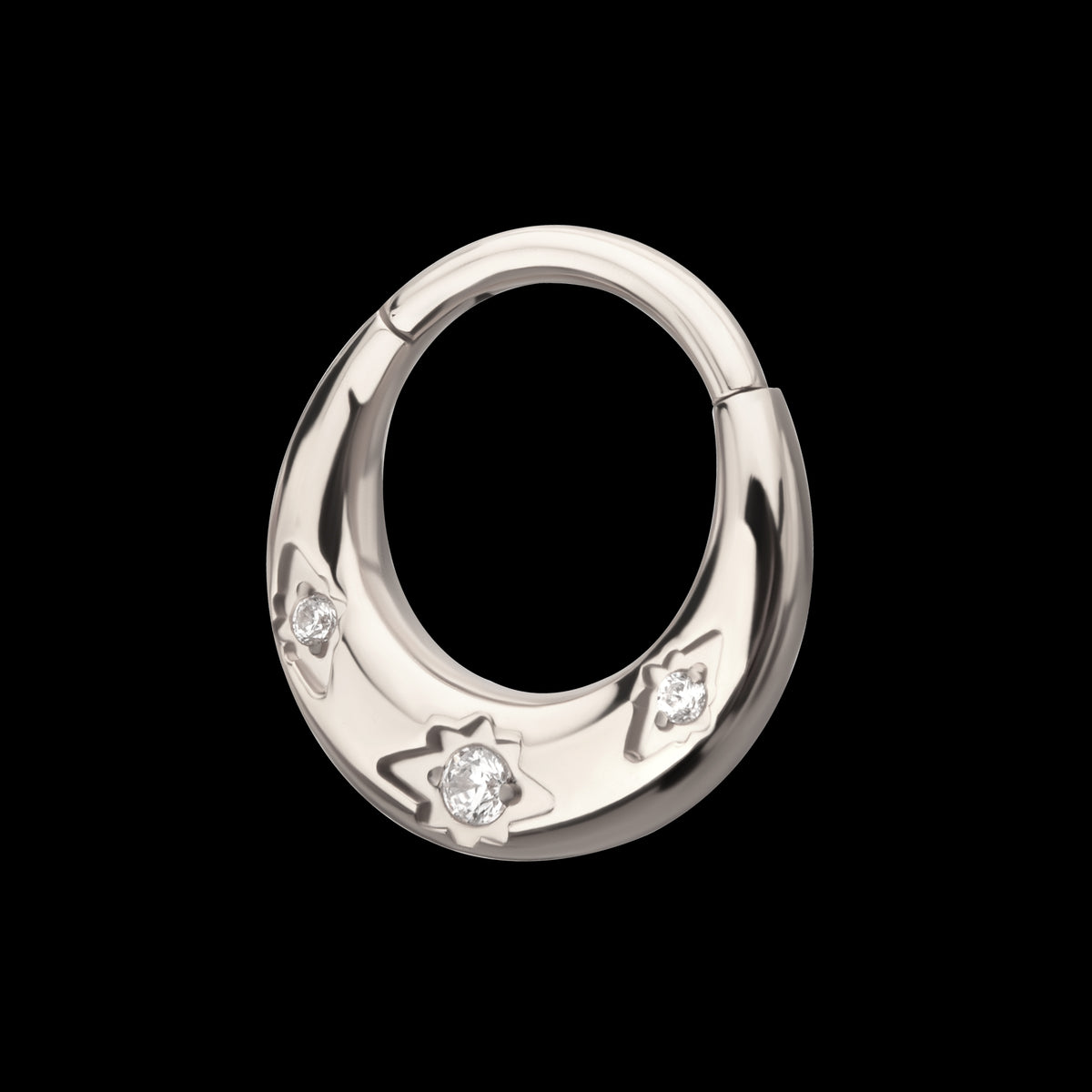 Triple Etched Design with Prong Set Gem Sleek Dome Septum Front Facing Hinged Segment Clicker Hoop Earring / Nosering – Titanium