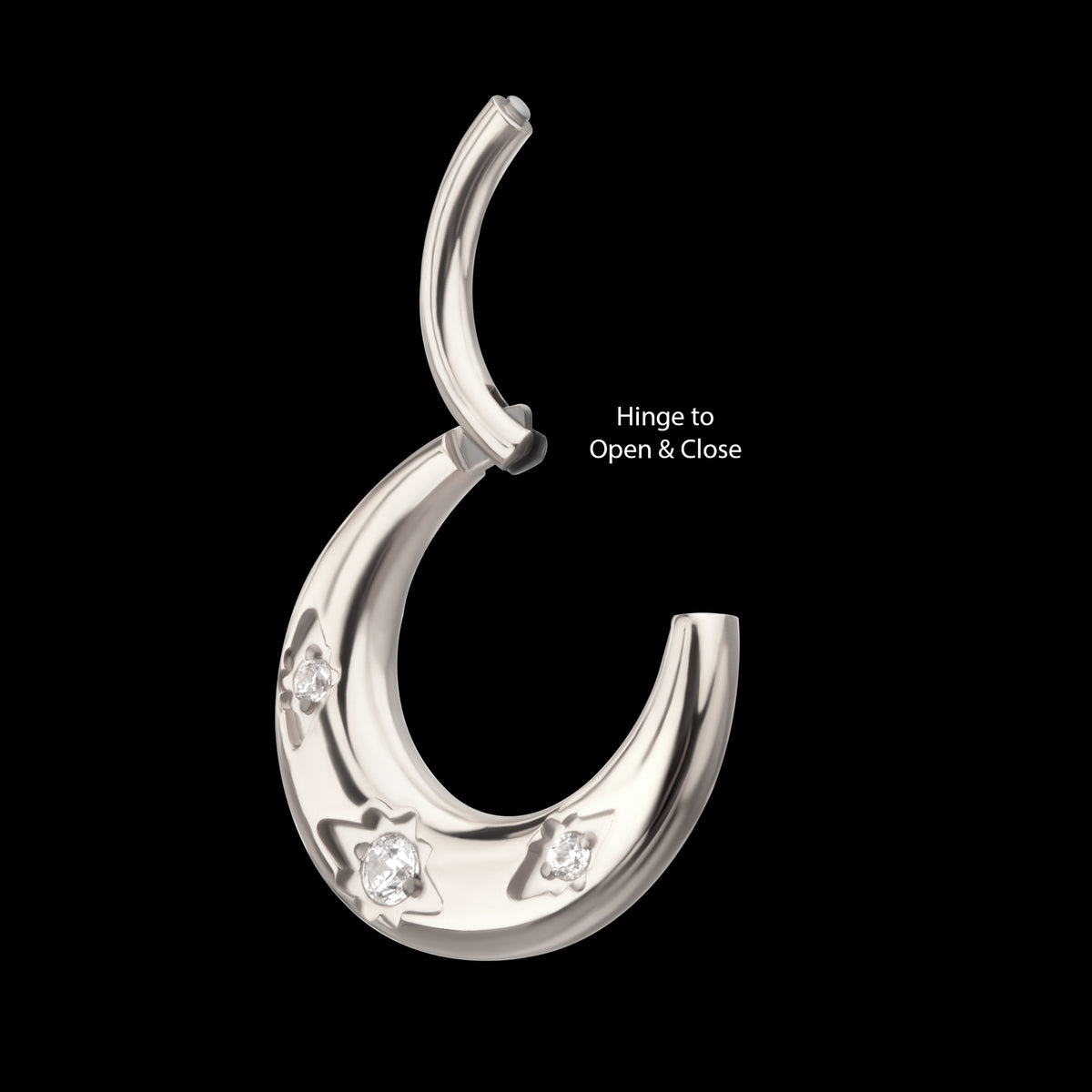 Triple Etched Design with Prong Set Gem Sleek Dome Septum Front Facing Hinged Segment Clicker Hoop Earring / Nosering – Titanium