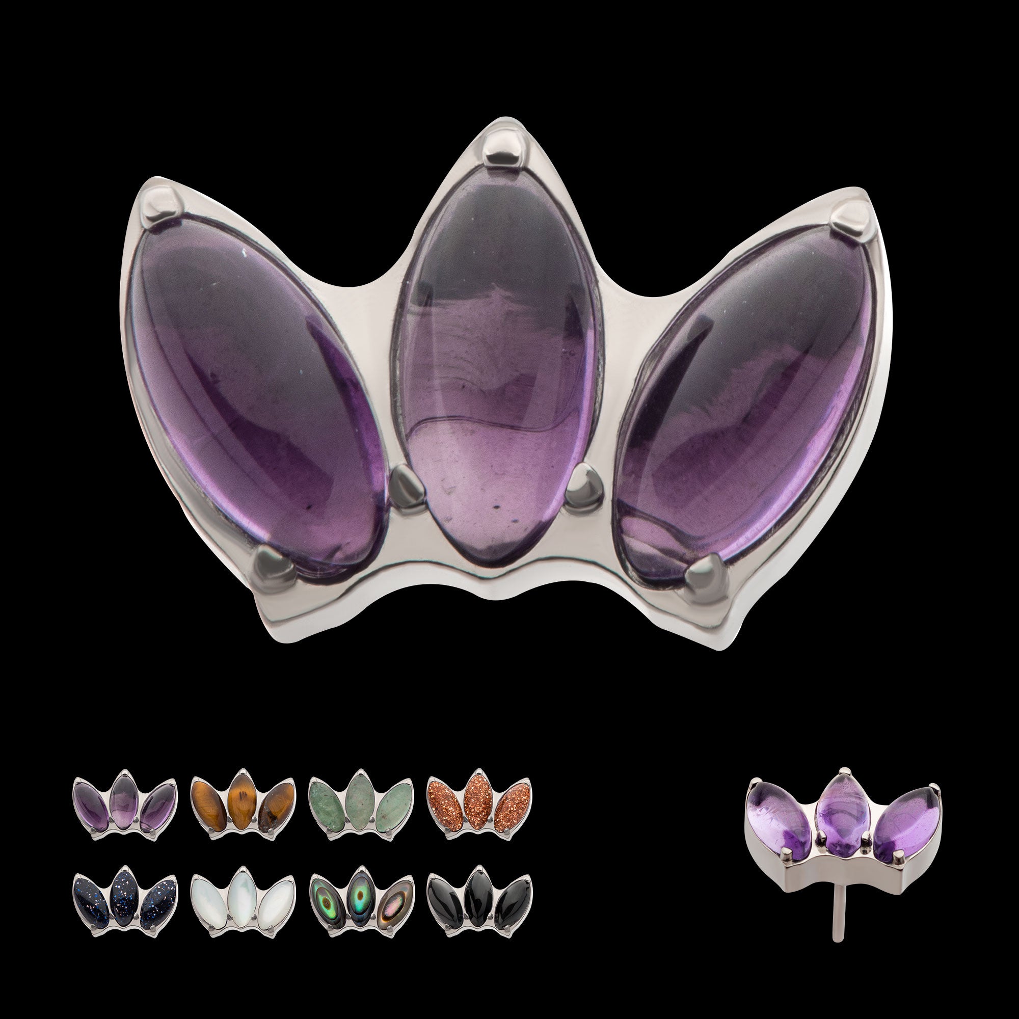 Prong Set 3-Cluster Marquise Stones Fan Shape Flatback Stud Earring / Nosering - Titanium