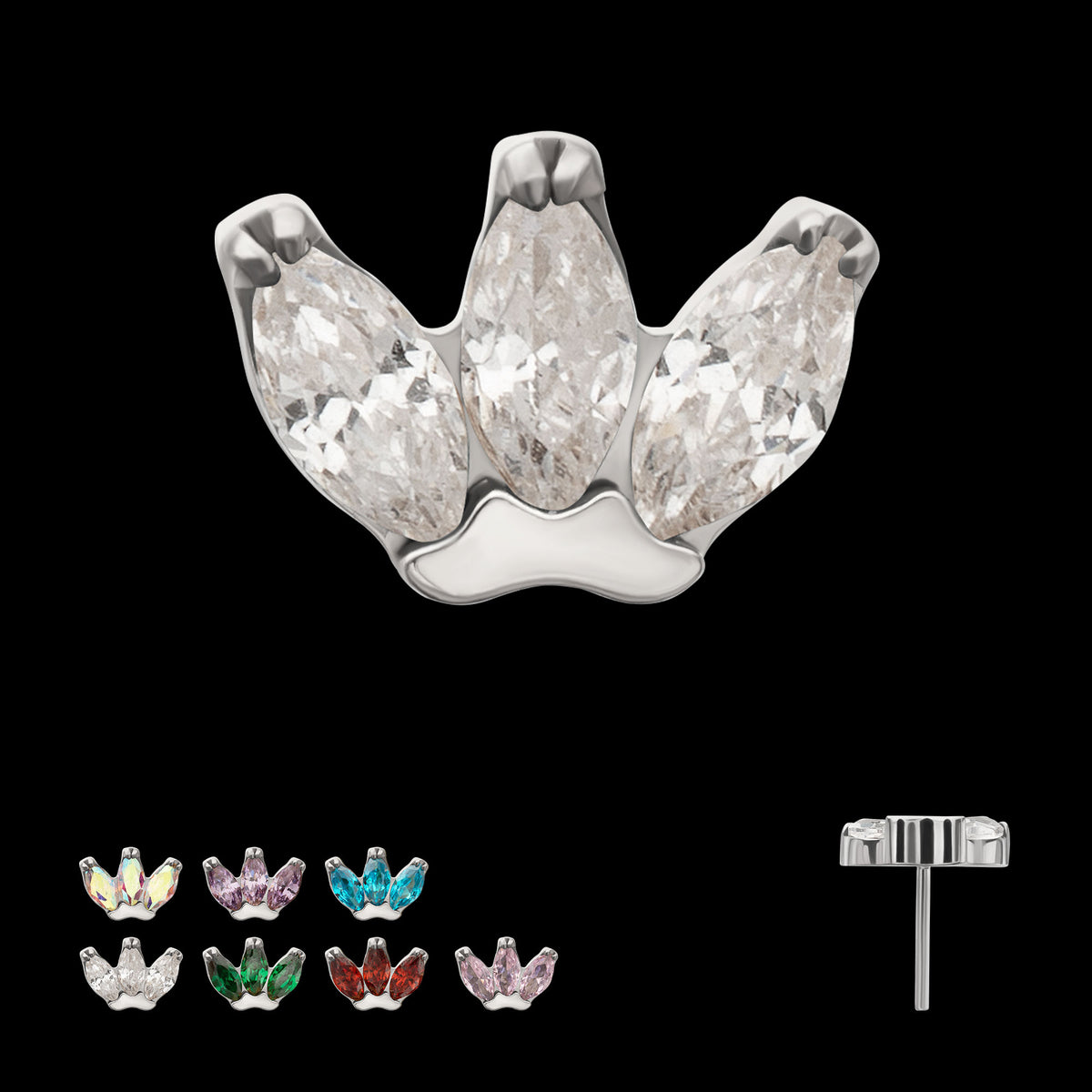 3-Marquise Gem Fan Cluster Threadless Earring / Nosering Top – Gem & Titanium