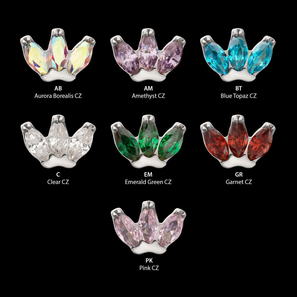 3-Marquise Gem Fan Cluster Threadless Earring / Nosering Top – Gem & Titanium