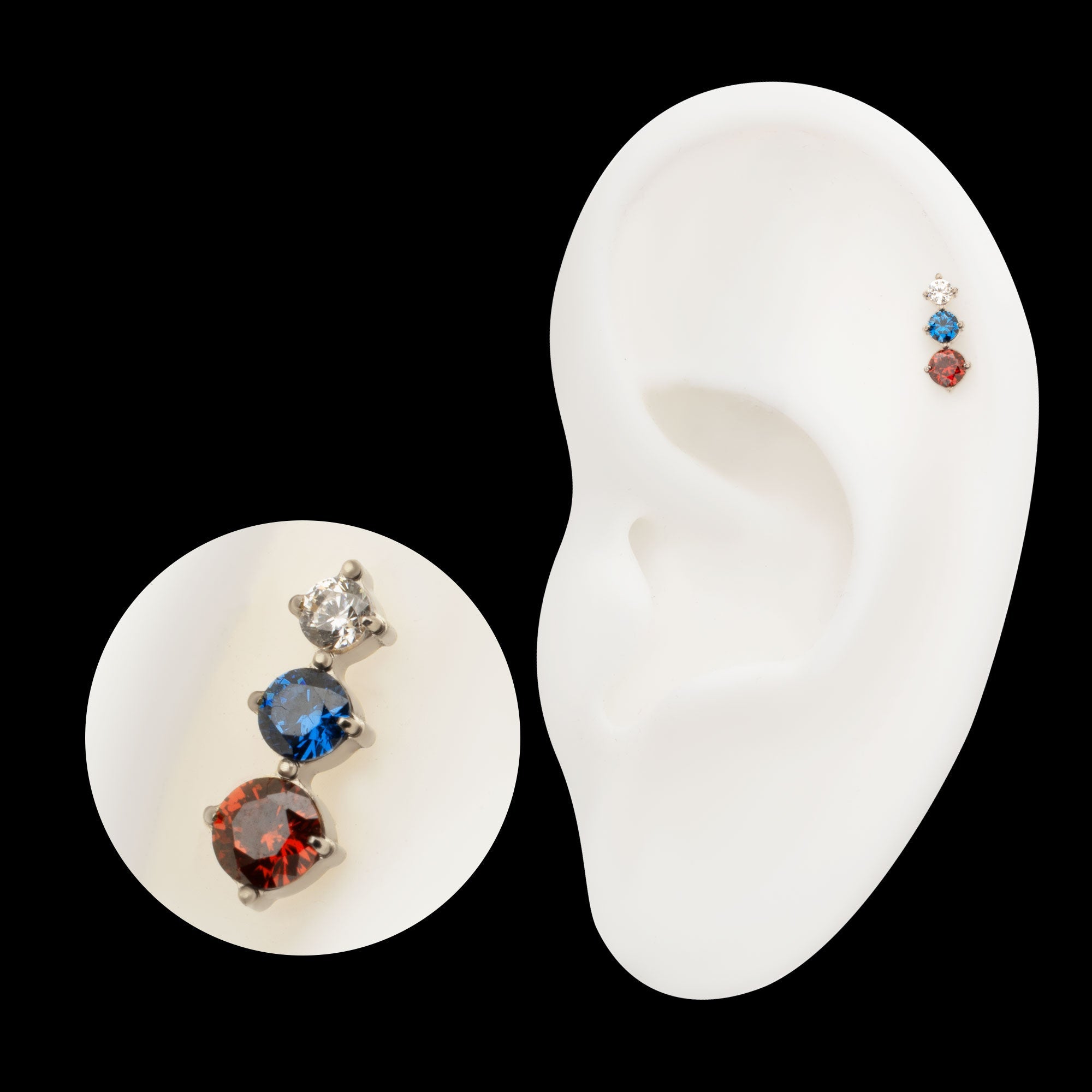 Triple Cluster Prong-Set Gem Threadless Earring / Nosering – Titanium