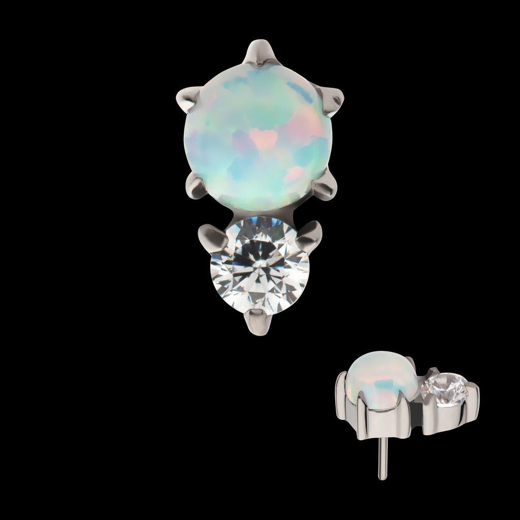 Prong Set Round White Opal & Clear CZ Flatback Stud Earring / Nosering - White Opal & Clear CZ & Opal in Titanium