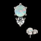 Prong Set Round White Opal & Clear CZ Flatback Stud Earring / Nosering - White Opal & Clear CZ & Opal in Titanium