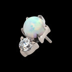 Prong Set Round White Opal & Clear CZ Flatback Stud Earring / Nosering - White Opal & Clear CZ & Opal in Titanium