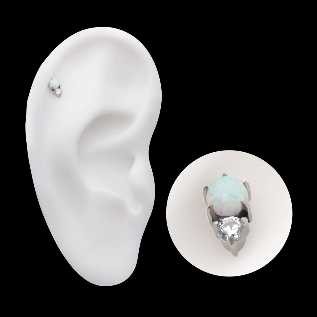 Prong Set Round White Opal & Clear CZ Flatback Stud Earring / Nosering - White Opal & Clear CZ & Opal in Titanium