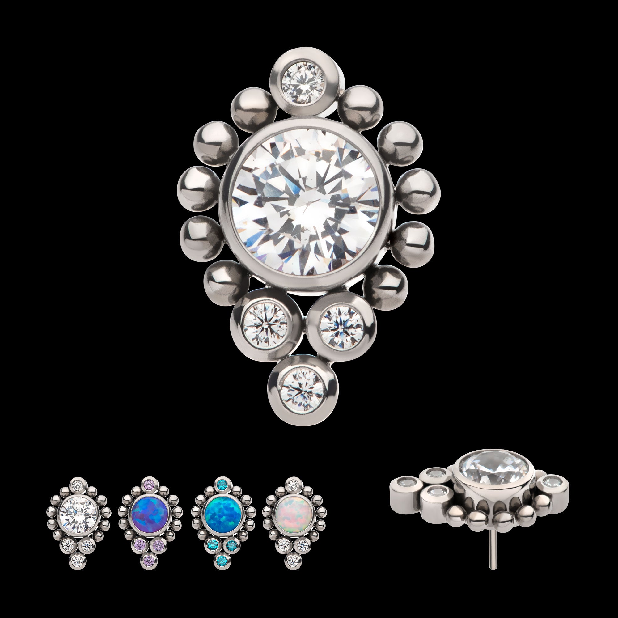 Bezel Set Gem/Opal Beaded Cluster Flatback Stud Earring / Nosering - Opal in Titanium