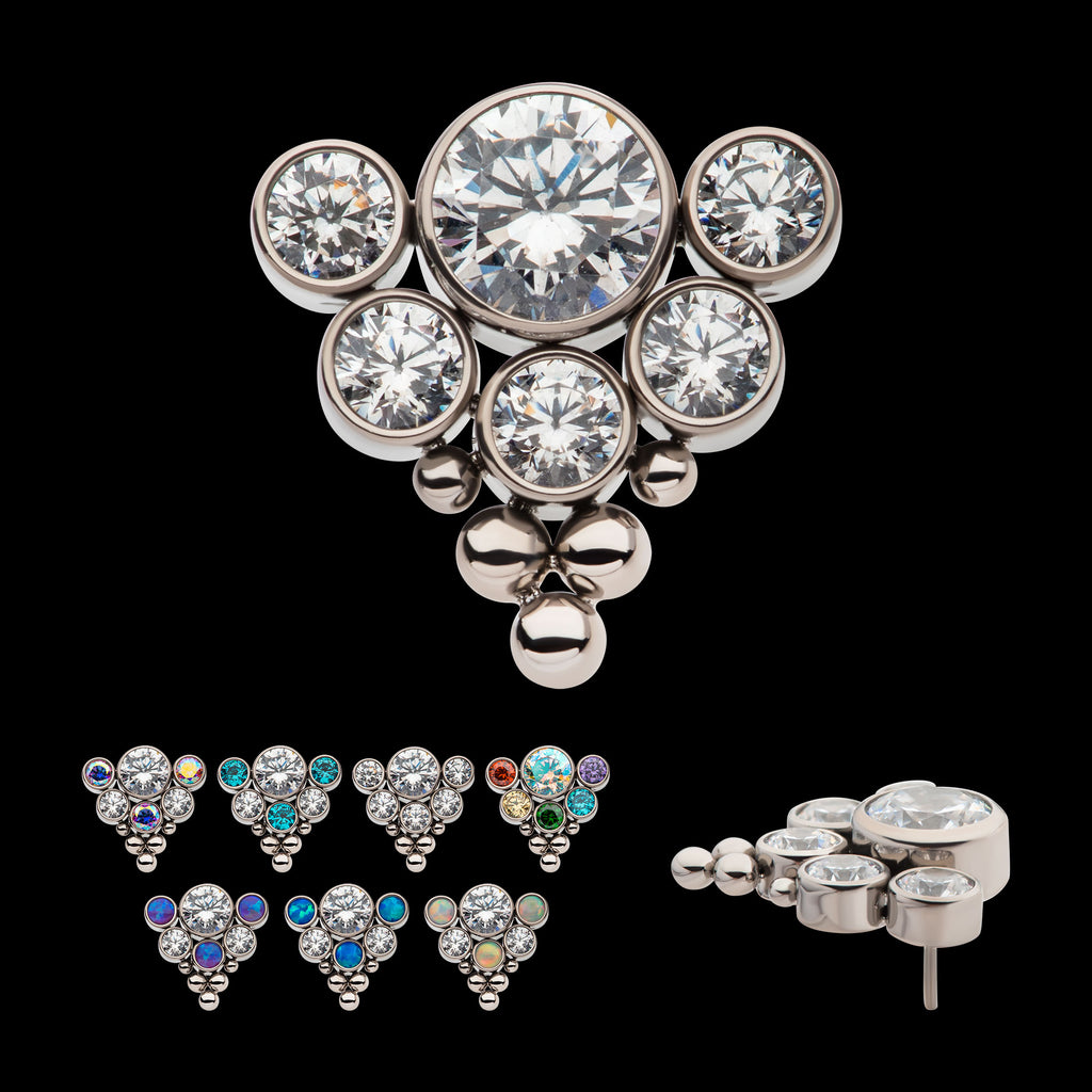 Tri-bead end with 4mm & 2.5mm Bezel Set AAA Clear CZ/Opal Cluster Flatback Stud Earring / Nosering - Opal & CZ & Clear CZ & Opal & CZ in Titanium
