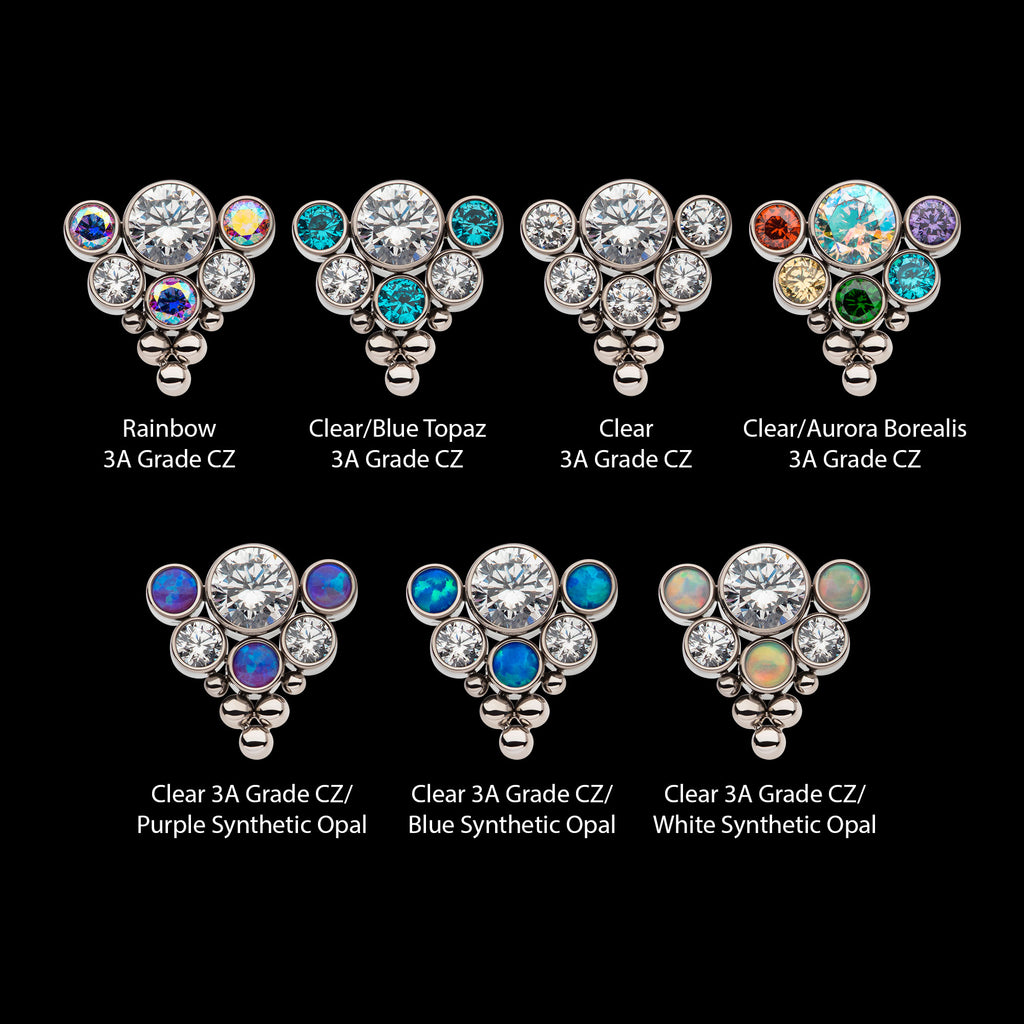 Tri-bead end with 4mm & 2.5mm Bezel Set AAA Clear CZ/Opal Cluster Flatback Stud Earring / Nosering - Opal & CZ & Clear CZ & Opal & CZ in Titanium