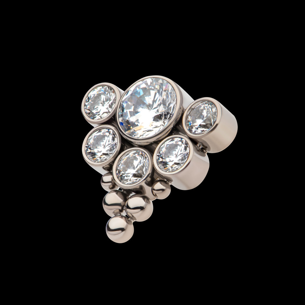 Tri-bead end with 4mm & 2.5mm Bezel Set AAA Clear CZ/Opal Cluster Flatback Stud Earring / Nosering - Opal & CZ & Clear CZ & Opal & CZ in Titanium
