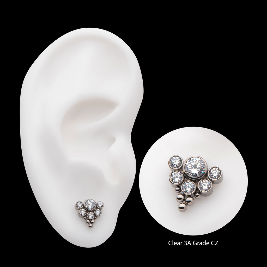 Tri-bead end with 4mm & 2.5mm Bezel Set AAA Clear CZ/Opal Cluster Flatback Stud Earring / Nosering - Opal & CZ & Clear CZ & Opal & CZ in Titanium