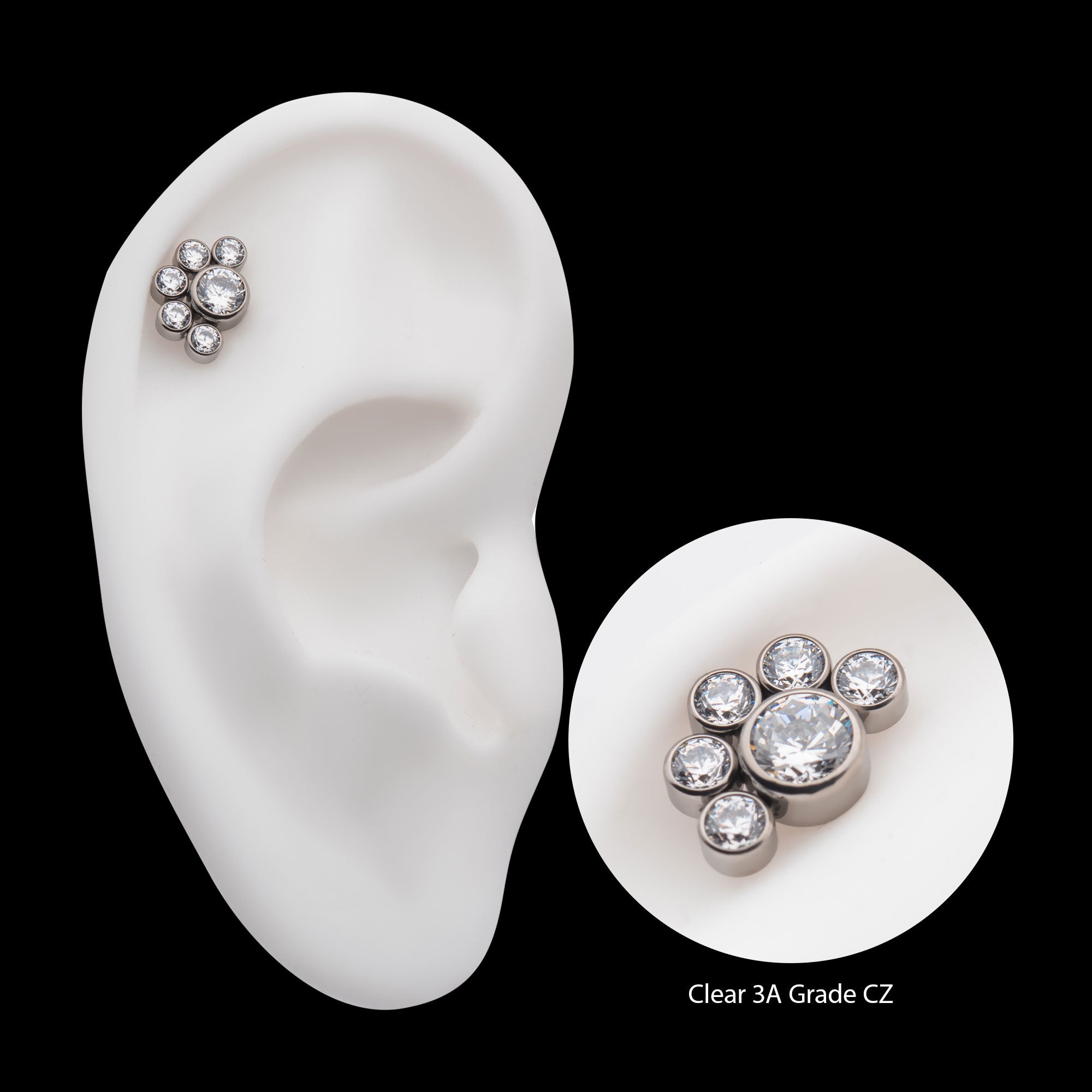 5mm & 3mm Bezel Set AAA CZ Cluster Flatback Stud Earring / Nosering - AAA CZ in Titanium