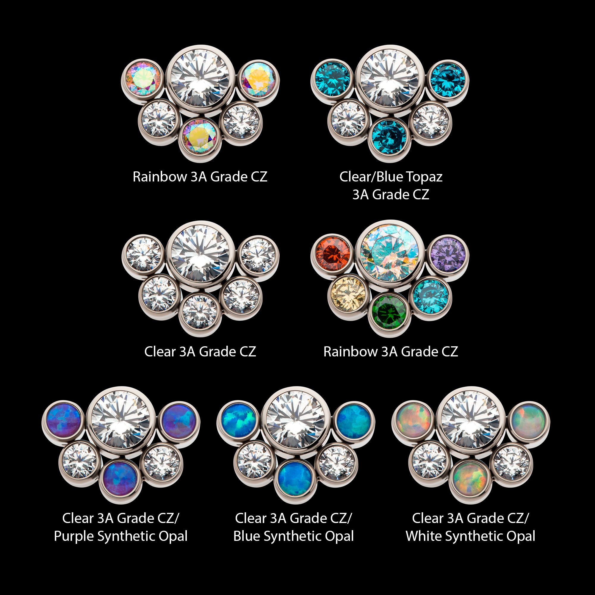 4mm & 2.5mm Bezel Set AAA CZ/Opal Cluster Flatback Stud Earring / Nosering - Opal & CZ & AAA CZ & Opal & CZ in Titanium