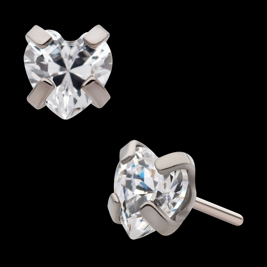 4-Prong Set CZ Heart Shape Flatback Stud Earring / Nosering - CZ in Titanium