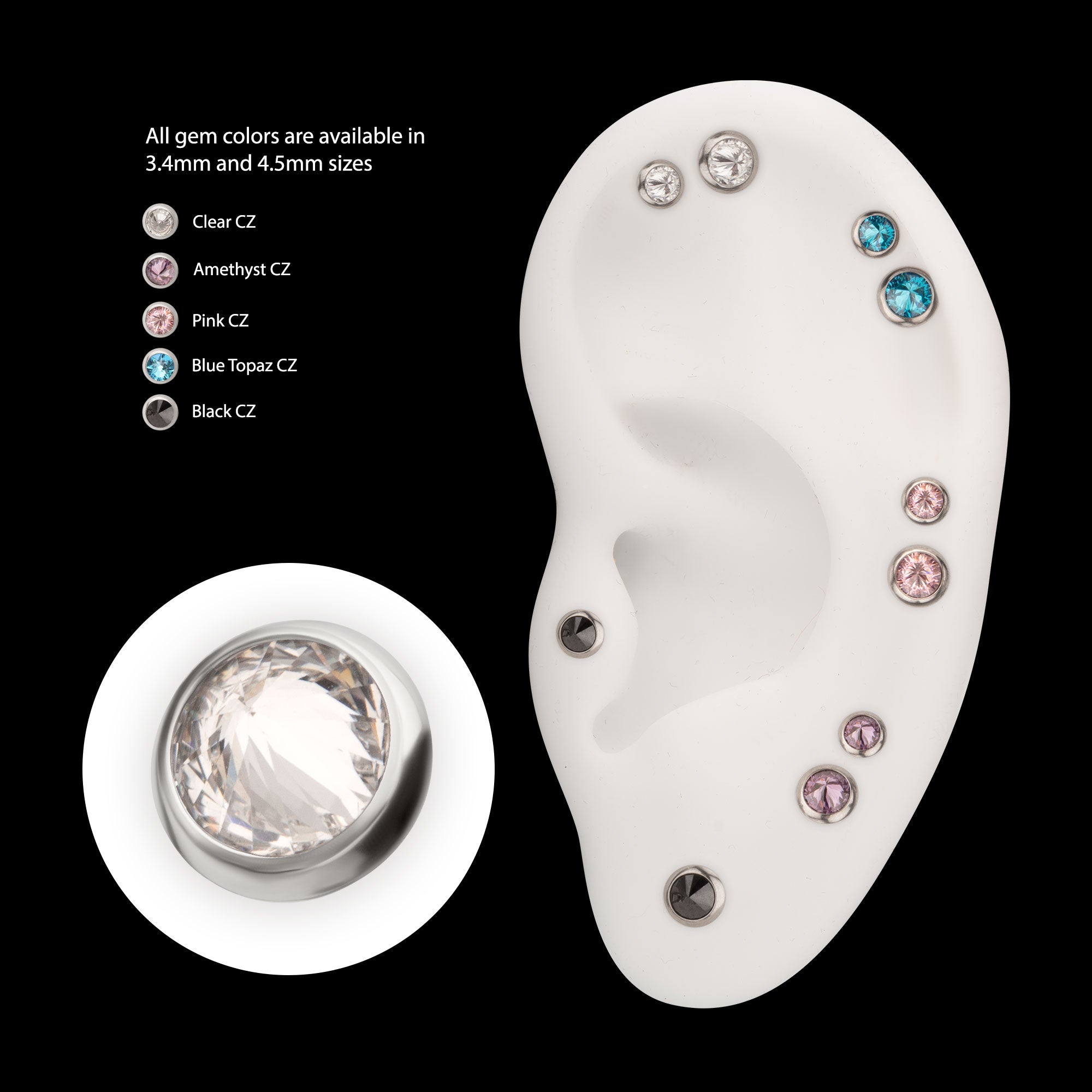 Round Bezel Set Inverse Gem Flatback Stud Earring / Nosering - Gem in Titanium
