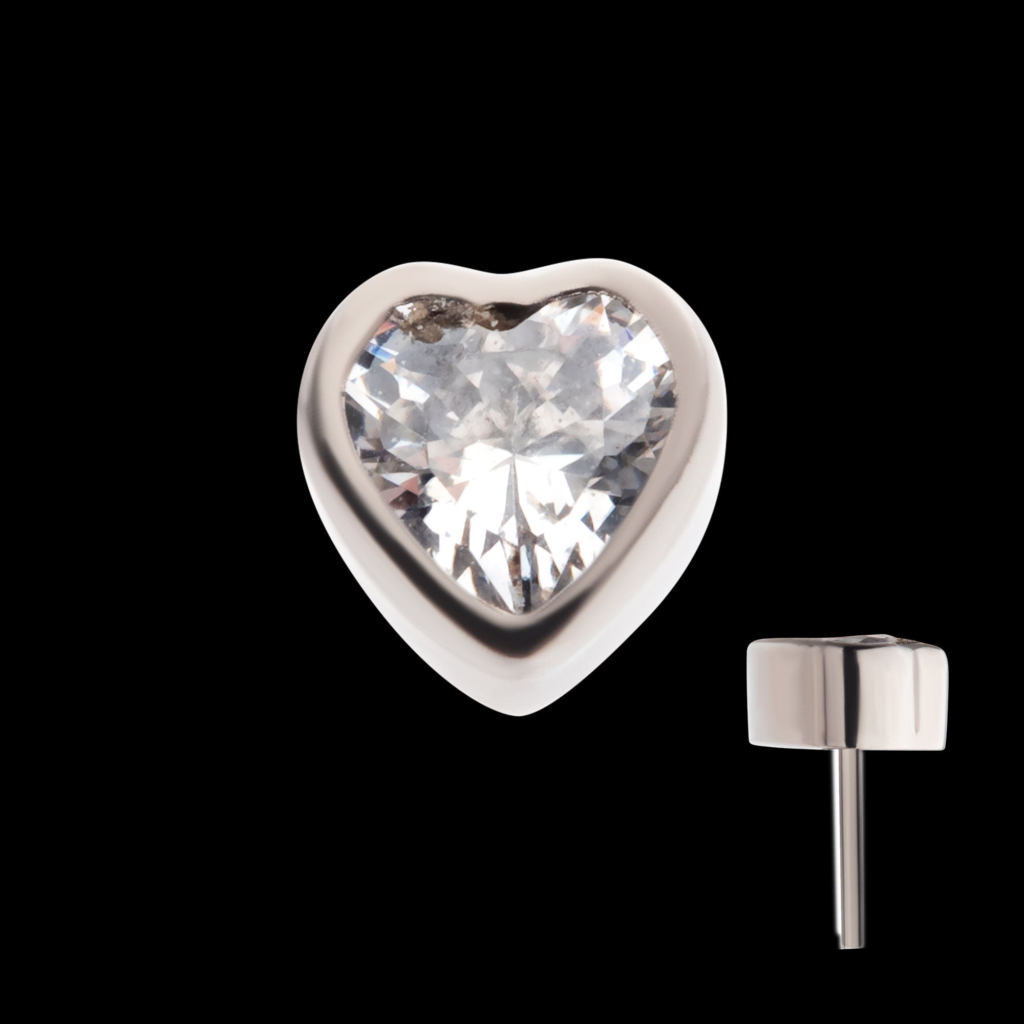 Bezel Set CZ Heart Shape Flatback Stud Earring / Nosering - CZ in Titanium