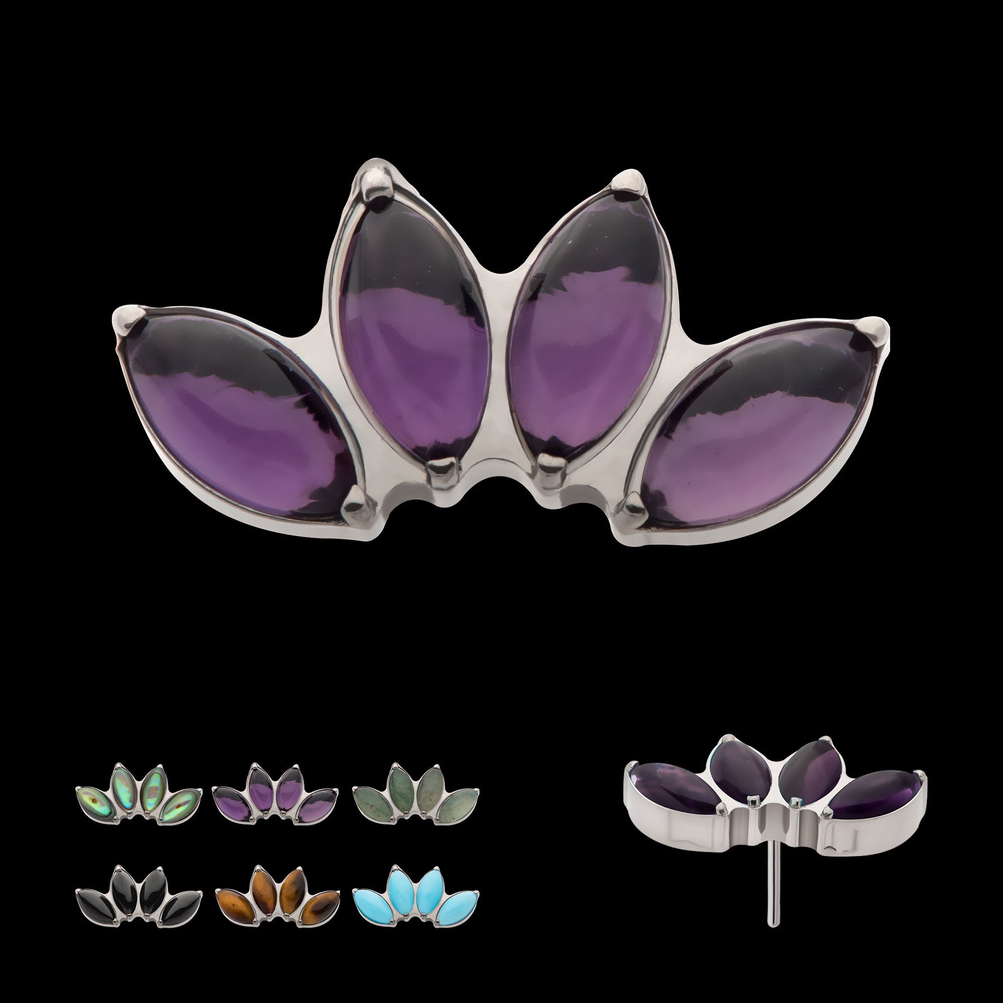 Prong Set 4-Cluster Marquise Stones Fan Shape Flatback Stud Earring / Nosering - Titanium