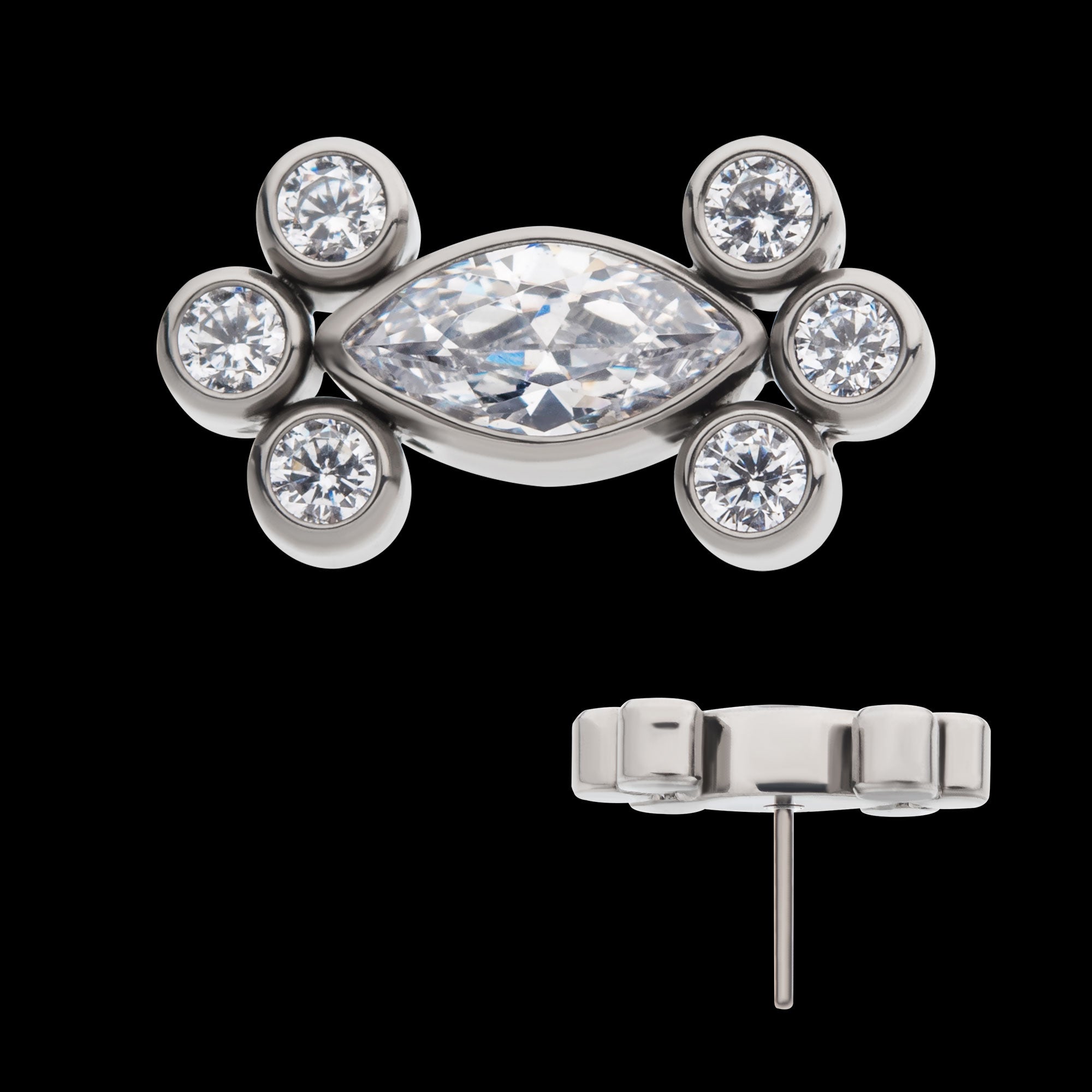 Clustered Bezel Set Marquise & Round CZ Flatback Stud Earring / Nosering - CZ in Titanium