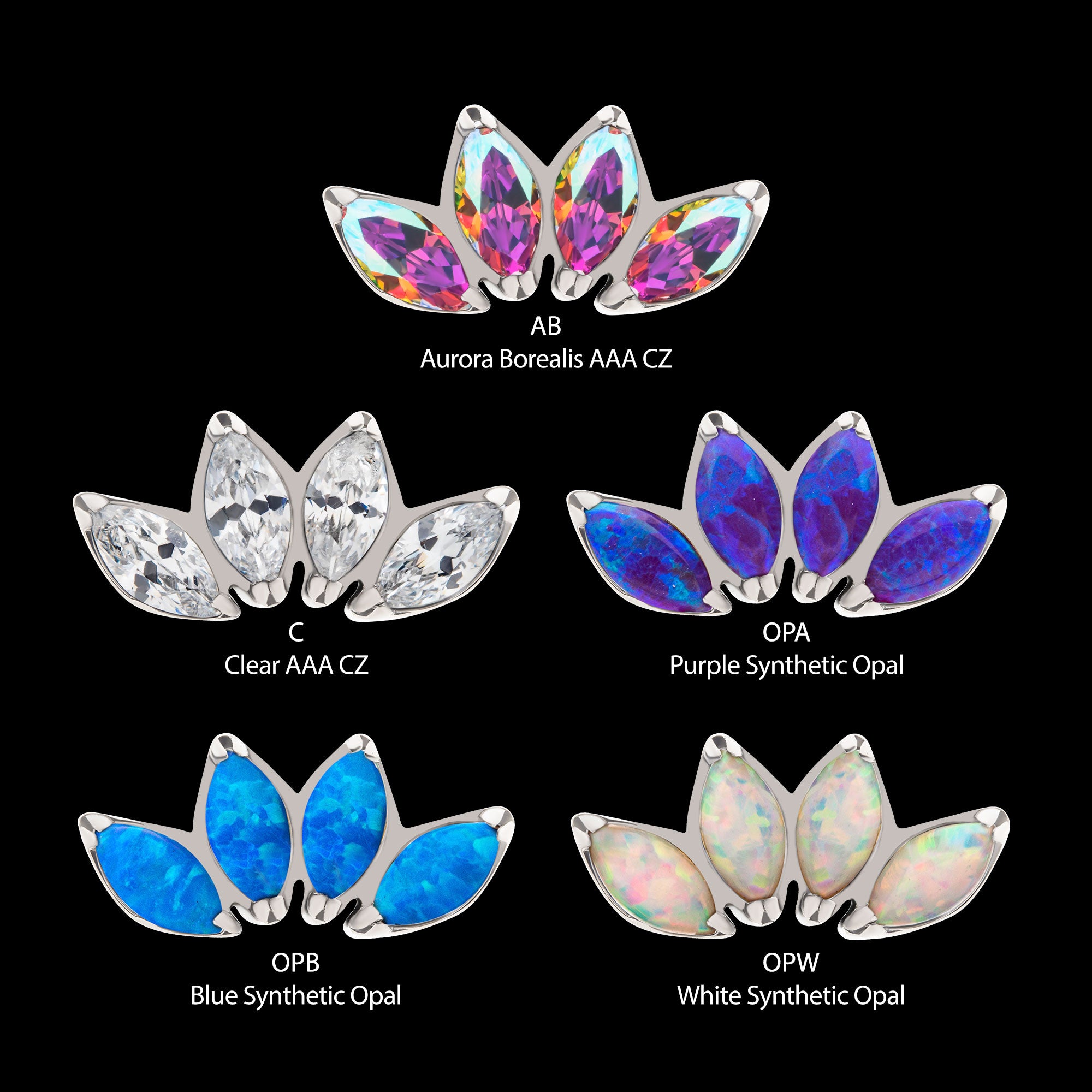 4 Cluster Fan Shape with Prong Set Marquise CZ/Opal Flatback Stud Earring / Nosering - Opal & CZ & Opal & CZ in Titanium