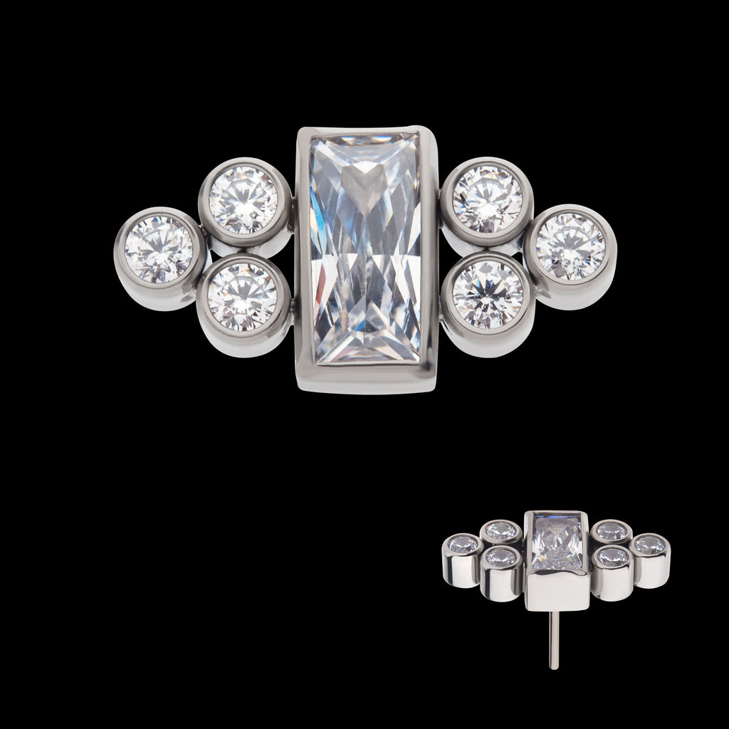 Bezel Baguette & Round CZ 7-Cluster Flatback Stud Earring / Nosering - CZ in Titanium