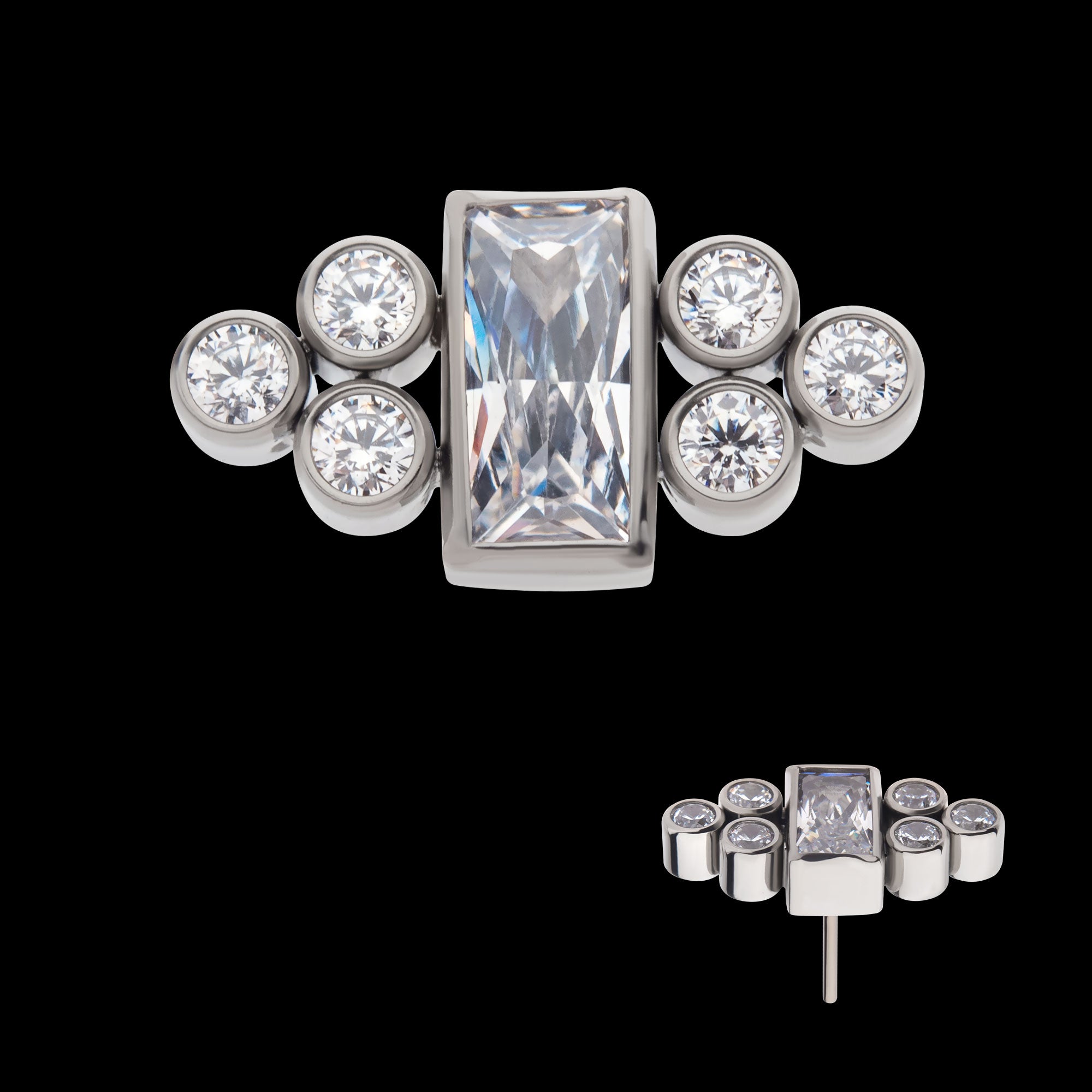 Bezel Baguette & Round CZ 7-Cluster Flatback Stud Earring / Nosering - CZ in Titanium