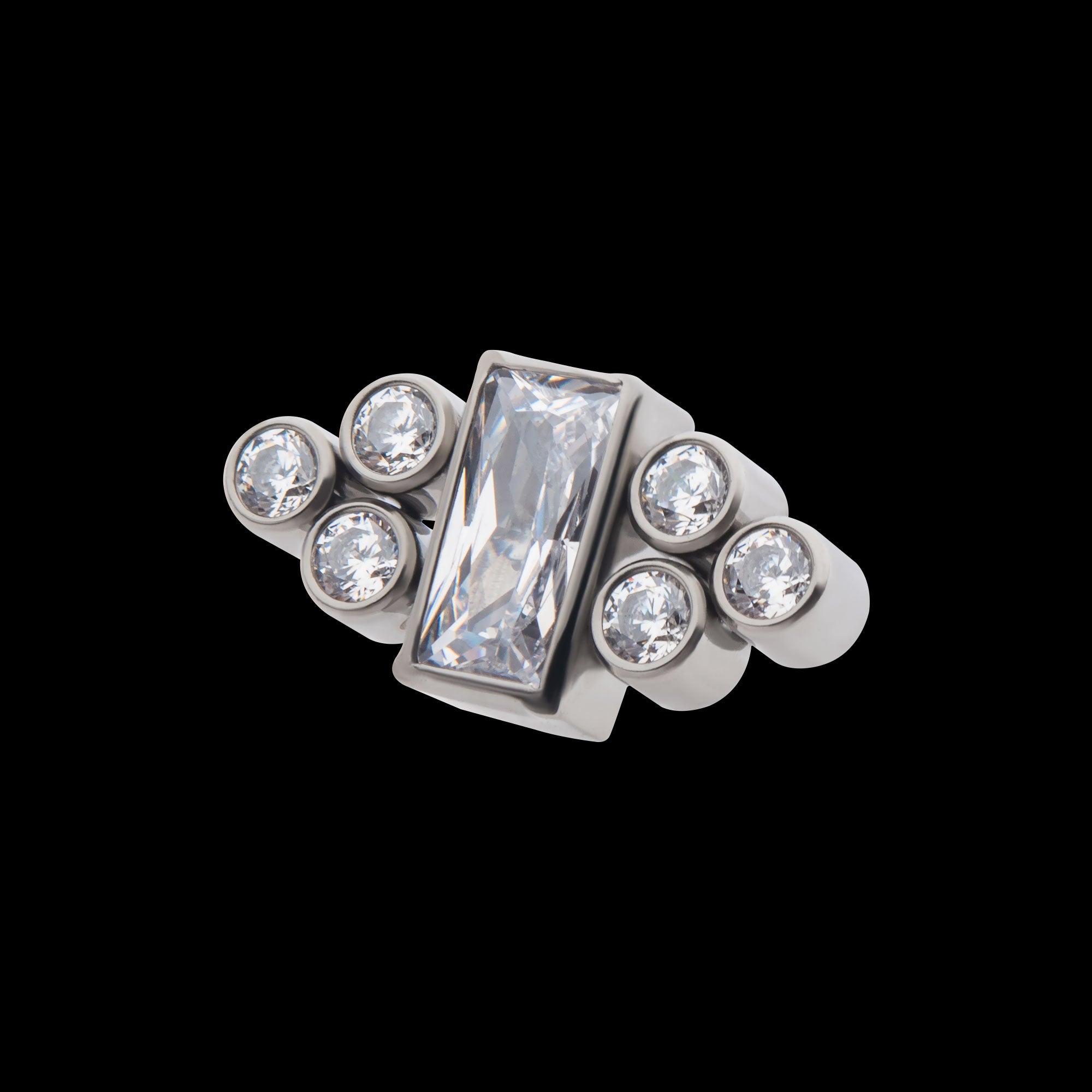 Bezel Baguette & Round CZ 7-Cluster Flatback Stud Earring / Nosering - CZ in Titanium