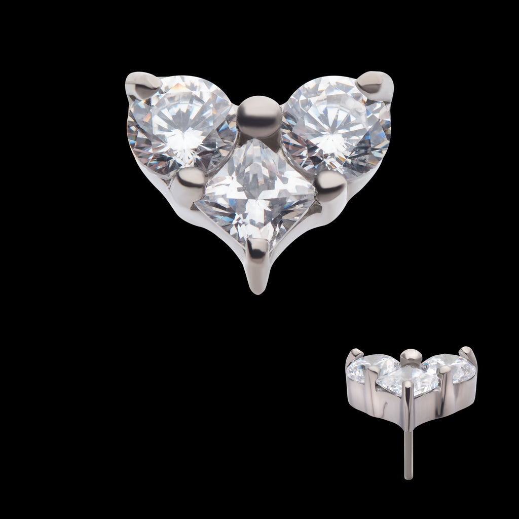 Prong Set Round & Princess Gem 3-Cluster Heart Shape Flatback Stud Earring / Nosering - Gem in Titanium
