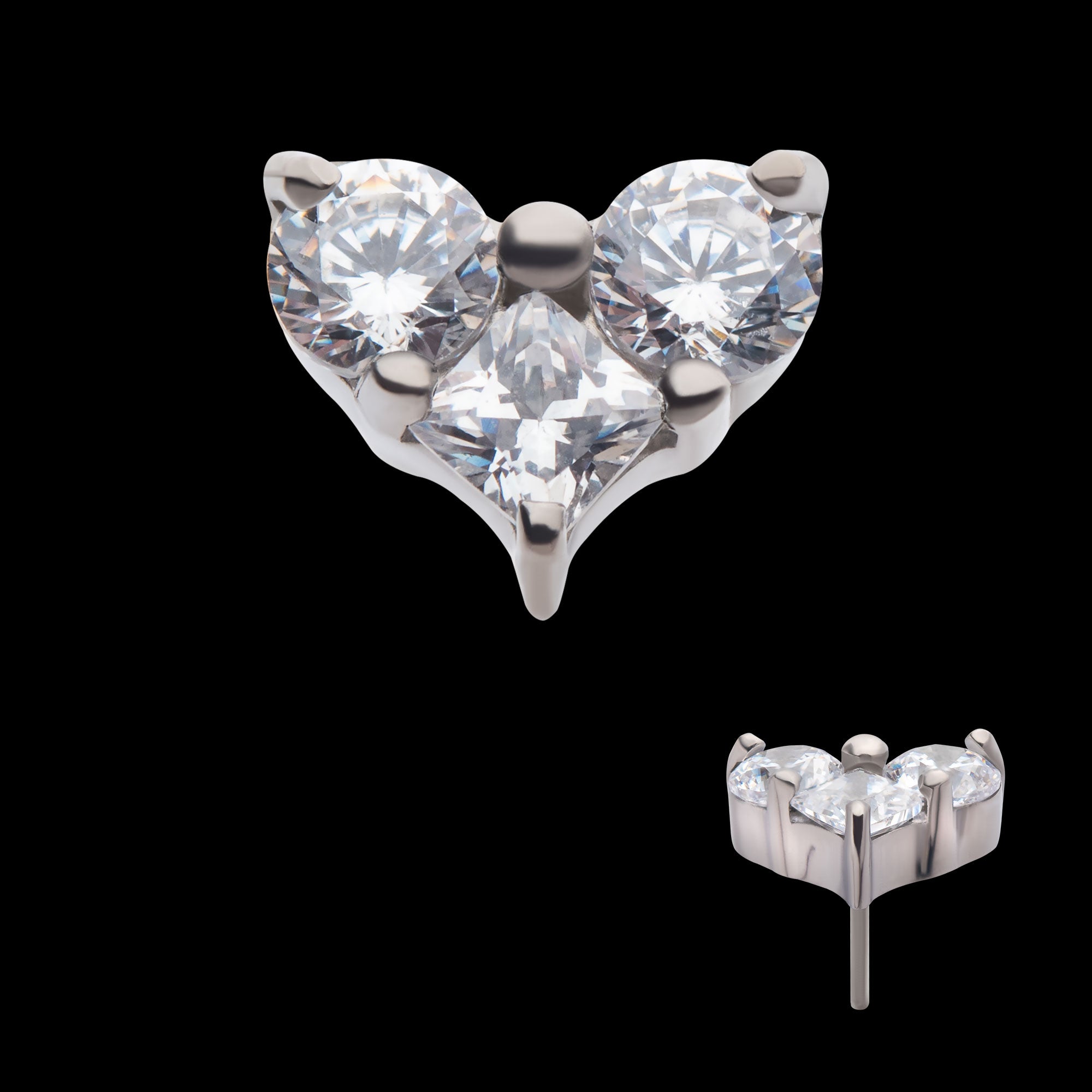 Prong Set Round & Princess Gem 3-Cluster Heart Shape Flatback Stud Earring / Nosering - Gem in Titanium