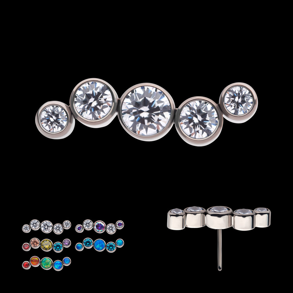 Bezel Set CZ/Opal Oscillating 5-Cluster Flatback Stud Earring / Nosering - Opal & CZ & Opal & CZ in Titanium