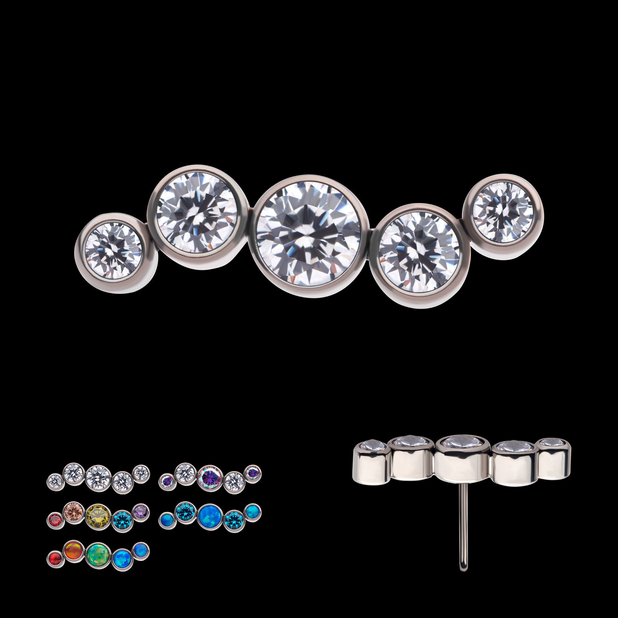 Bezel Set CZ/Opal Oscillating 5-Cluster Flatback Stud Earring / Nosering - Opal & CZ & Opal & CZ in Titanium