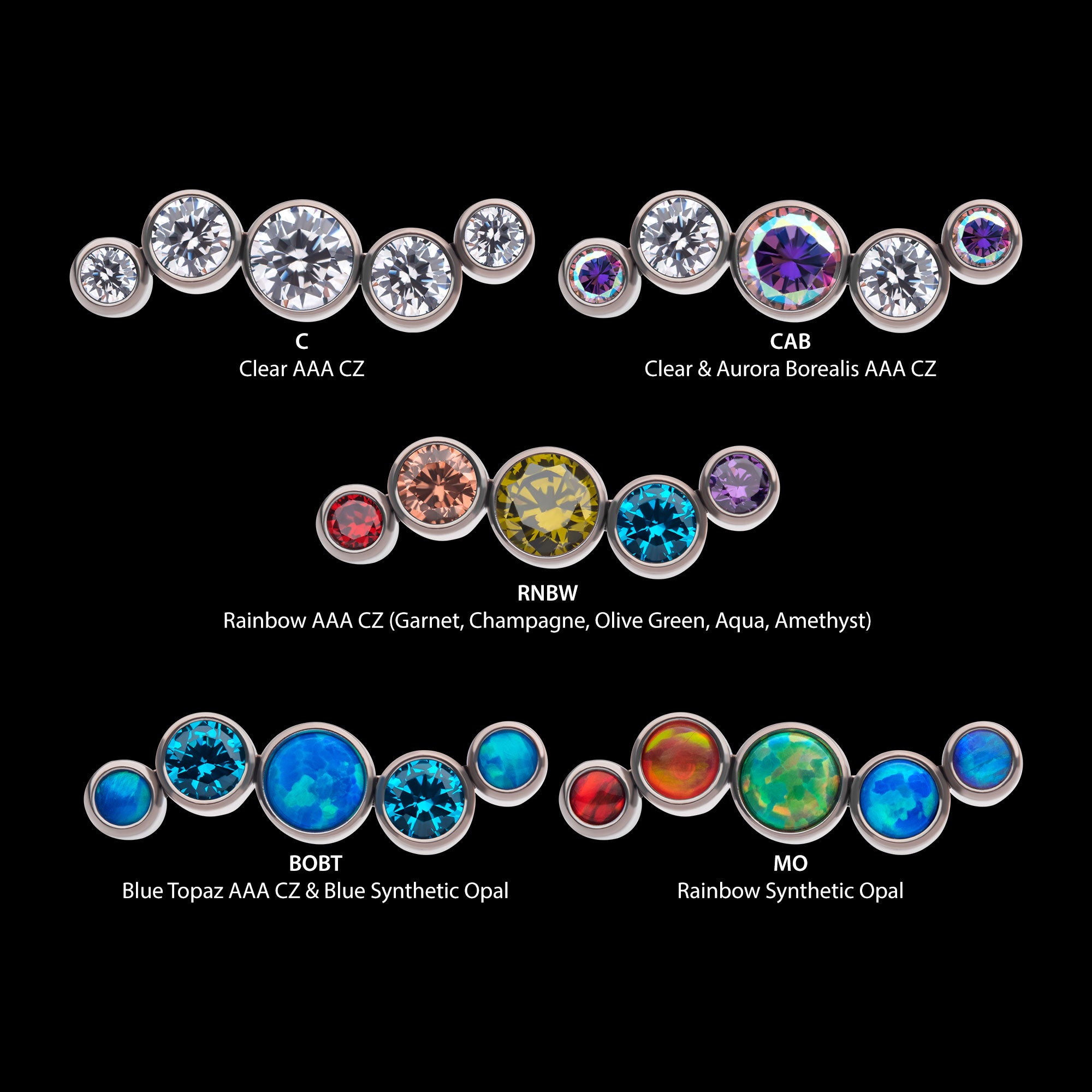 Bezel Set CZ/Opal Oscillating 5-Cluster Flatback Stud Earring / Nosering - Opal & CZ & Opal & CZ in Titanium