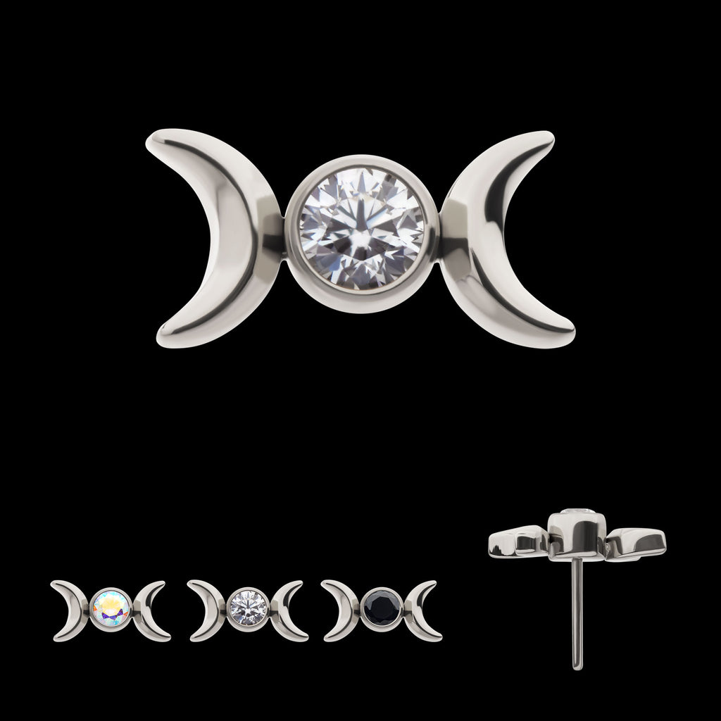 Bezel Set Round Gem Triple Moon Phase Flatback Stud Earring / Nosering - Gem in Titanium